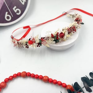 Ukrainian red flower crown with preserved flowers and berries – folk head wreath with ribbon for photo shoots, weddings, gifts