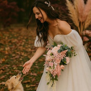 Cascading artificial wedding bouquet in blush pink tones – long trailing bridal bouquet with roses, astilbe & eucalyptus