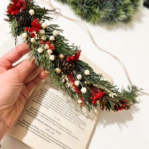 Crown with Preserved Thuja, Red Berries, Pinecones, Golden Accents Christmas Floral Crown for Women, Festive Headpiece Winter Hair Accessory
