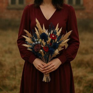 Navy Blue and Burgundy Dried Flower Wedding Bouquet – Rustic Fall Boho Bridal Bouquet with Pampas and Wildflowers