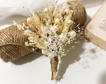 Boho Wedding Boutonniere: Dried Ivory Flowers, Rustic Groomsmen Accessory