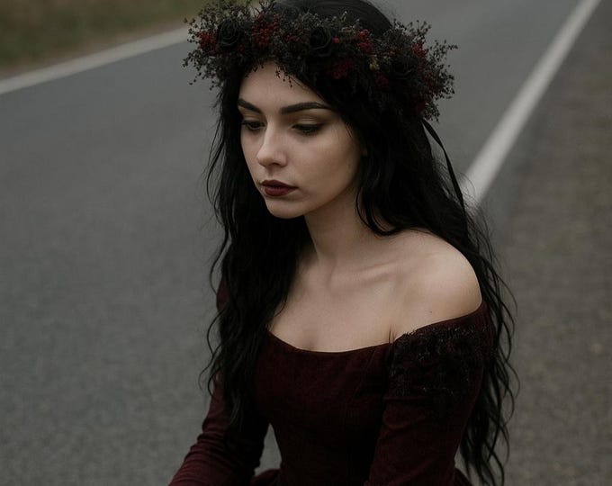 Gothic Black & Red Flower Crown: Dark Fairy Wedding Headpiece