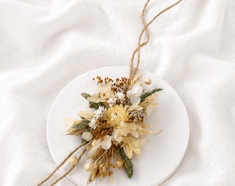 Dried Flower Wrist Corsage Boho Wedding Bracelet Beige Ivory Rustic Bridal Floral Accessory