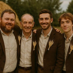 Op de afbeelding: Vier mannen in bruine jassen en beige overhemden staan samen buiten. Ze lachen allemaal en kijken naar de camera. De mannen dragen tarwehalmen als corsages.