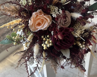 Burgundy Ivory Dried Flower Bridal Bouquet: Rustic Boho Wedding
