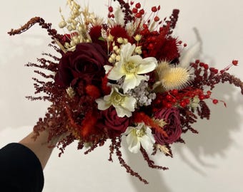 Dried Burgundy Rose Bridal Bouquet • Boho Rustic Wedding Flowers
