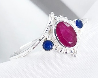 Sterlingzilveren ring met natuurlijke robijnblauwe saffier, vintage statement edelsteensieraden