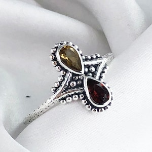 Citrine & Garnet Gemstone Ring Handmade Sterling Silver