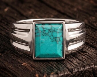 Men's Natural Turquoise Signet Ring, Sterling Silver Square Cut Statement Ring