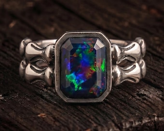 Black Fire Opal Baguette Gemstone Ring – 925 Sterling Silver Emerald Cut Bone Band Ring