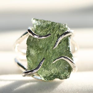 Raw Moldavite Ring Certified Czech Stone, Solid Sterling Silver