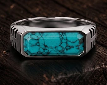 Natural Turquoise Signet Ring 925 Sterling Silver Rectangle Shape Gemstone Statement Jewelry