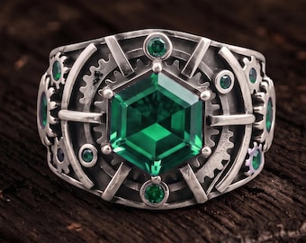Handmade Sterling Silver Hexagon Emerald Ring: Steampunk Signet Jewelry