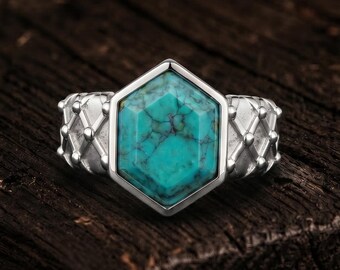 Bold Men’s Hexagon Turquoise Gemstone Signet Ring with Intricate Cross-Hatch Design Jewelry