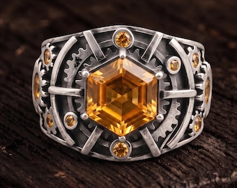 Men's Sterling Silver Hexagon Citrine Signet Ring – Steampunk Gemstone Statement Jewelry