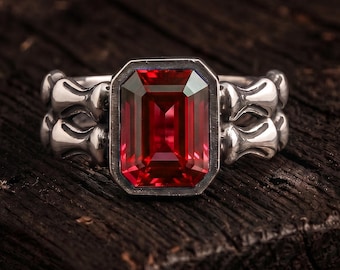 Statement Sterling Silver Garnet Red Gemstone Emerlad Cut Baguette Ring – Unique Bone-Inspired