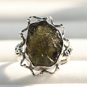 Raw Moldavite Ring Genuine Czech Gemstone, 925 Sterling Silver