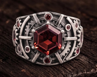 Men's Red Garnet Signet Ring, Sterling Silver Steampunk Gear, Hexagon Gemstone Statement Jewelry