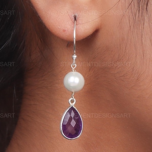 Amethyst & Mother of Pearl 925 Sterling Silver Earrings Boho Hippie Vintage Style