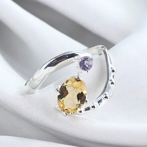 Edelsteenring met citrien en amethist, handgemaakt 925 sterlingzilver