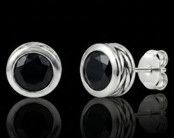 Black Tourmaline Stud Earrings, 925 Sterling Silver, Round Bezel Set, 5mm Gemstone