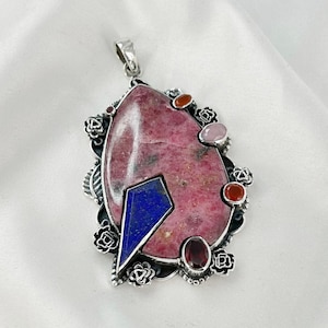Rhodonite Lapis Lazuli Pendant Sterling Silver Multi Gemstone