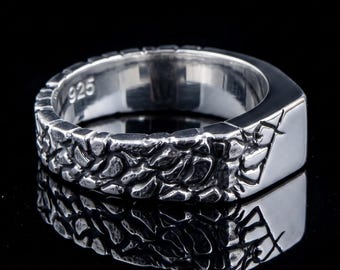 925 Sterling Silver Textured Signet Ring, Nature Inspired Oxidized Statement Jewelry Gift Mens