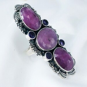 Pink Ruby & Purple Amethyst Gemstone Ring, 925 Sterling Silver Statement Leaf Flower Jewelry