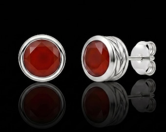 Natural Carnelian Round Stud Earrings, 925 Sterling Silver Bezel Set, Minimalist Solitaire Push Back