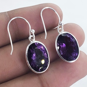 Purple Amethyst Earrings, Oval Gemstone Silver Drop Earrings, Birthstone Jewelry, Elegant Gift for Her
