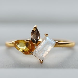 Ring regenboog maansteen citrien 18K goud sterlingzilver beloftering