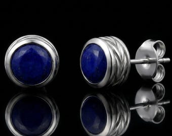 Round Lapis Lazuli Gemstone Stud Earrings in Sterling Silver with Braided Edge Detail Jewelry