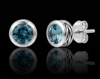 London Blue Topaz Round Stud Earrings – Sterling Silver Textured Jewelry