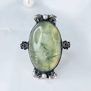 Handmade Prehnite & Pearl Ring Solid 925 Sterling Silver Boho Statement