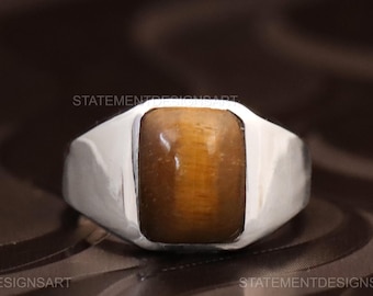 Anillo de hombre con piedra preciosa ojo de tigre natural en forma de cojín, plata de ley 925, joyería llamativa.
