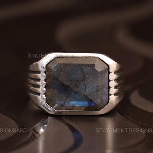 Labradorit-Männerring: Natürlicher blauer Feuerstein, Sterling Silber