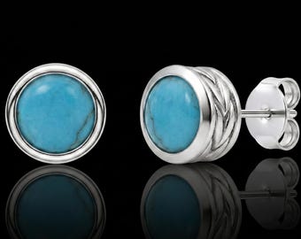 Sleeping Beauty Turquoise Cabochon Round Stud Earrings, Sterling Silver Gemstone Pushback Jewelry