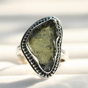 Raw Moldavite Ring Genuine Czech Gemstone, 925 Sterling Silver