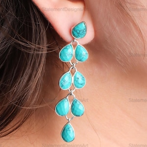 Handmade Turquoise Dangle Earrings 925 Sterling Silver Statement Design