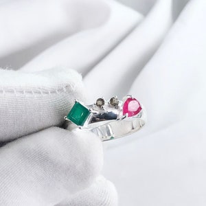 Natural Ruby, Green Onyx, Smoky Quartz Gemstone Ring, 925 Sterling Silver Ring, Statement Designs Ring, Handmade Ring, Boho Magic Ring.