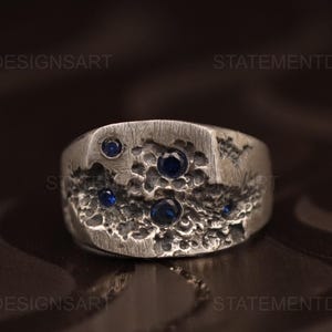 Blauer Saphir Edelstein Ring Sterling Silber Siegelring, Vintage Boho Herrenring