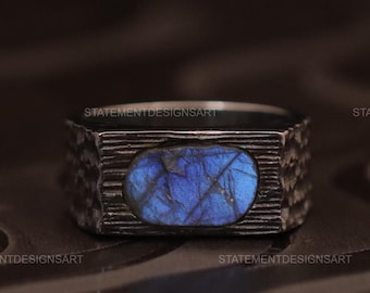 Raw Labradorite Men's Signet Ring Black Rhodium Sterling Silver