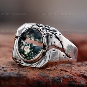 Mosagaat herenring, edelsteenring, 925 sterlingzilveren ring, herenring Mosagaat, jubileumcadeau voor hem