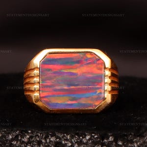 Flitsende opaalring, 18k gouden vermailring, opaal edelsteenring, gouden herenring, beloftering, boho- en hippiesring, cadeau voor hem