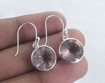 Natural Rose Quartz Earrings, Gemstone Earrings, 925 Sterling Silver, January Birthstone Earrings, Round Shape Rose Quartz Earrings.