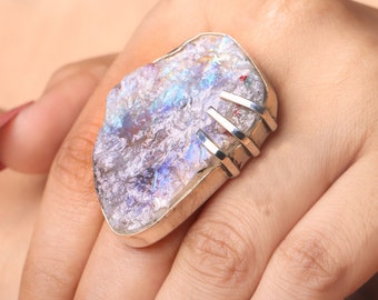 Raw Rainbow Moonstone Sterling Silver Ring: Boho Statement Jewelry