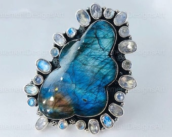 Natural Labradorite & Moonstone Blue Fire Gemstone Ring, 925 Sterling Silver Statement Bezel Jewelry