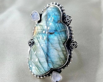 Natural Labradorite Statement Ring, Sterling Silver Blue Flash Gemstone, Rainbow Moonstone Flower Jewelry