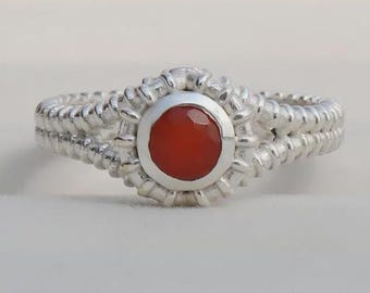 Handmade Carnelian Ring, Sterling Silver Textured Band, Red Gemstone Jewelry