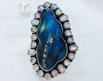 Blue Flash Labradorite Ring with Rainbow Moonstone, Sterling Silver Statement Jewelry